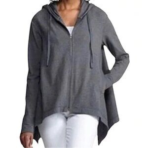 EILEEN FISHER HOODIE ZIP GREY SHARK BITE HEM SWING A-LINE LONG SLEEVE ORGANIC CO